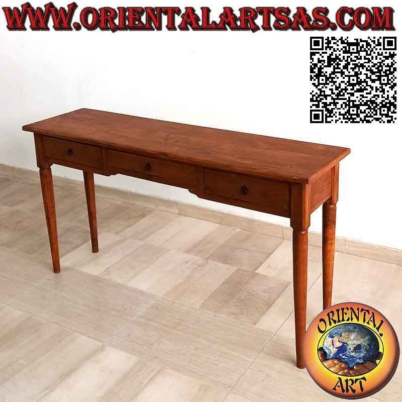 Tavolo consolle a tre cassetti con gambe tonde a spillo in legno di teak