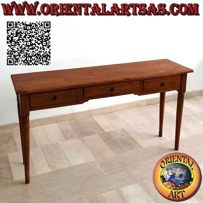 Table console à trois tiroirs avec pieds ronds à pointes en bois de teck