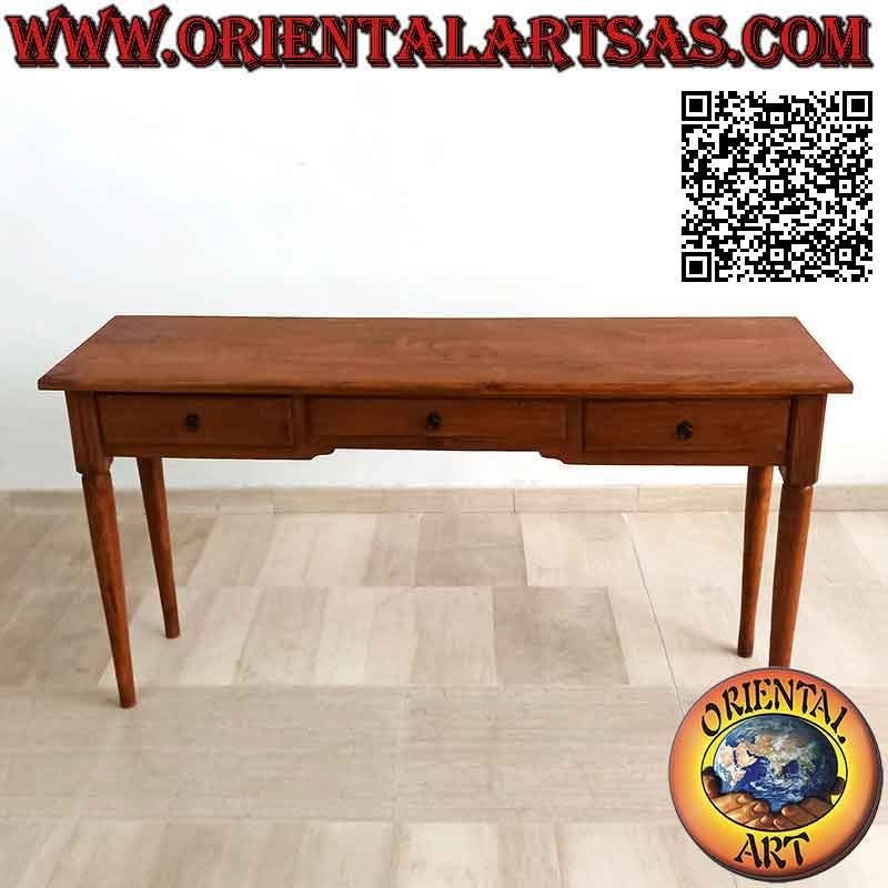 Tavolo consolle a tre cassetti con gambe tonde a spillo in legno di teak