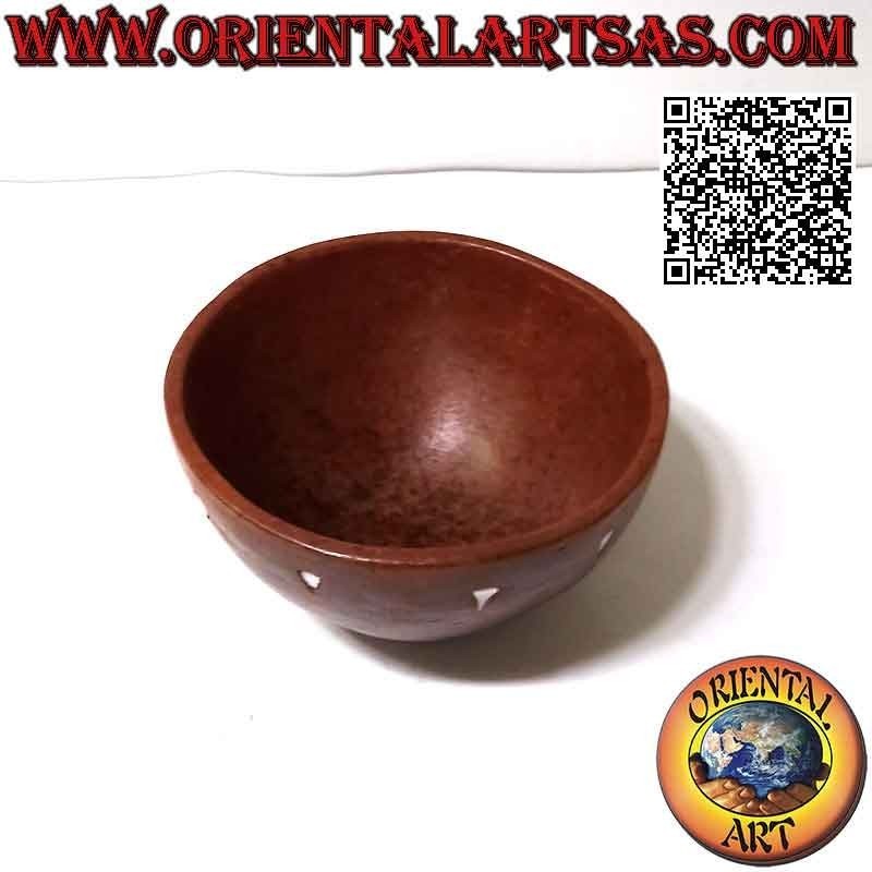 Cuenco redondo tradicional de terracota de Lombok con triángulos blancos, hecho a mano