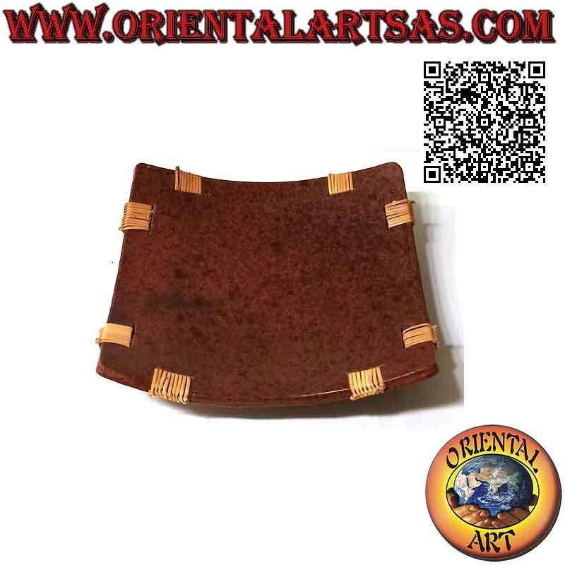 Svuotatasche vassoio quadrato di Lombok in terracotta e midollino  sugli angoli da 25 cm