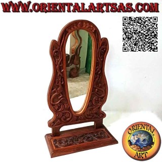 Countertop mirror with floral decorations and lizards in relief in teak wood (handmade)