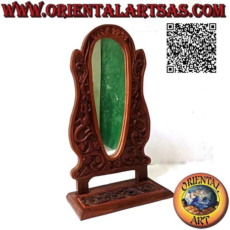 Countertop mirror with floral decorations and lizards in relief in teak wood (handmade)