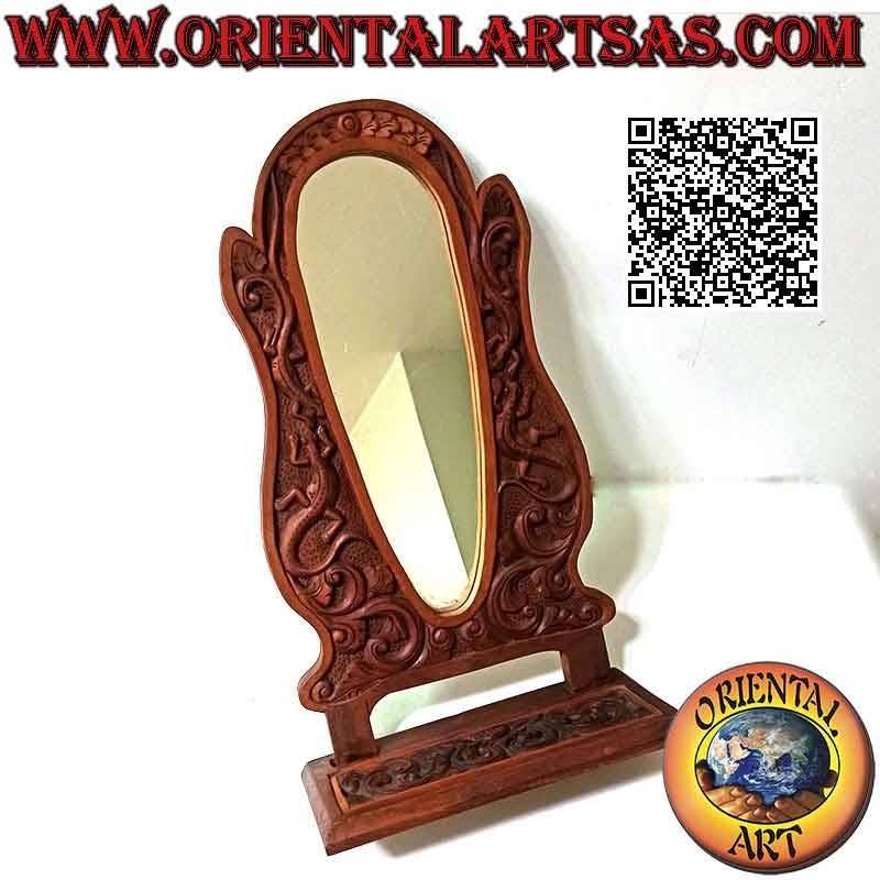 Miroir à poser aux décors floraux et lézards en relief en bois de teck (fait main)