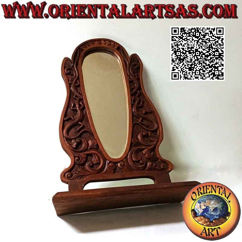 Specchio da appoggio con decorazioni floreali e lucertole a rilievo n legno di teak (fatto a mano)