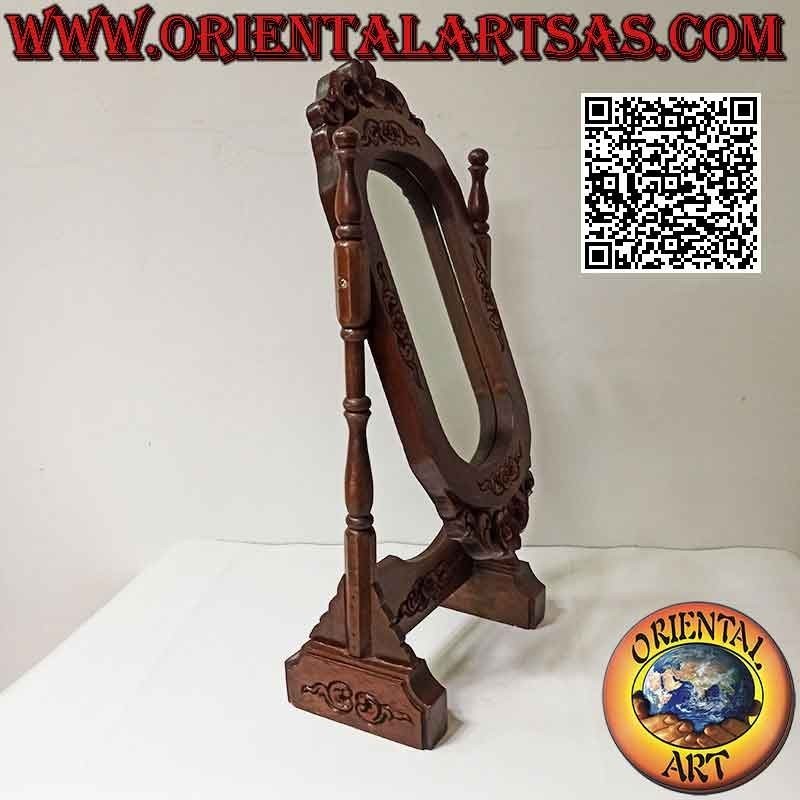 Specchio cosmetico girevole da appoggio con decorazioni floreali in legno di teak (fatto a mano)