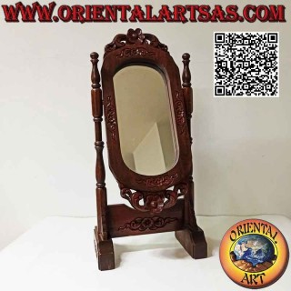 Specchio cosmetico girevole da appoggio con decorazioni floreali in legno di teak (fatto a mano)