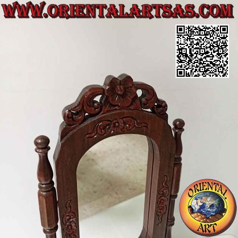Specchio cosmetico girevole da appoggio con decorazioni floreali in legno di teak (fatto a mano)