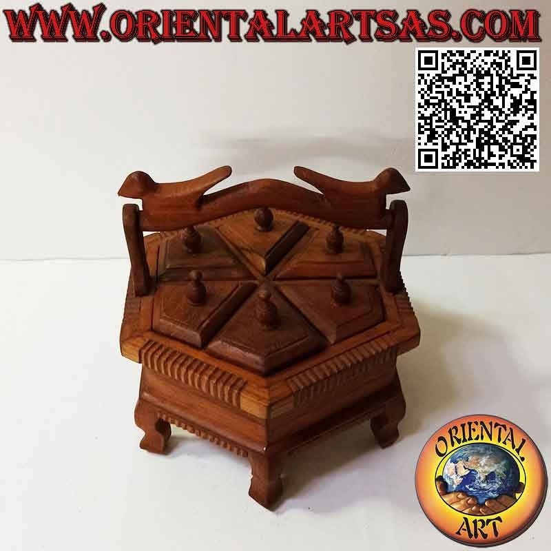 Portagioie esagonale a sei scomparti con manico in legno di teak (fatto a mano)