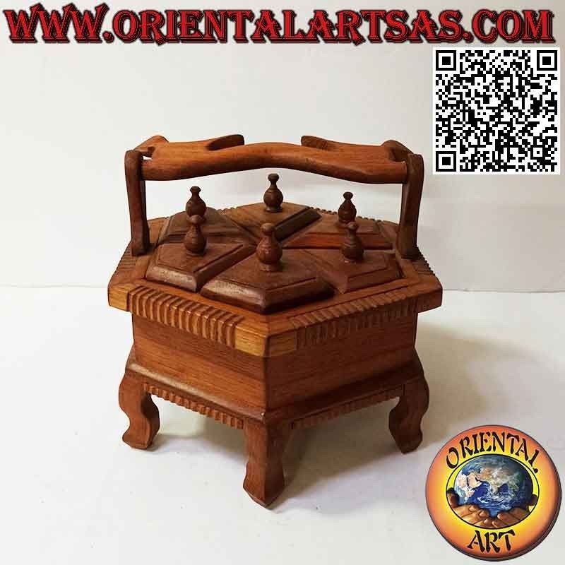 Hexagonal jewelry box with six compartments with teak wood handle (handmade)