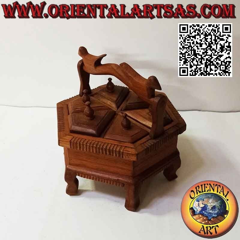Hexagonal jewelry box with six compartments with teak wood handle (handmade)