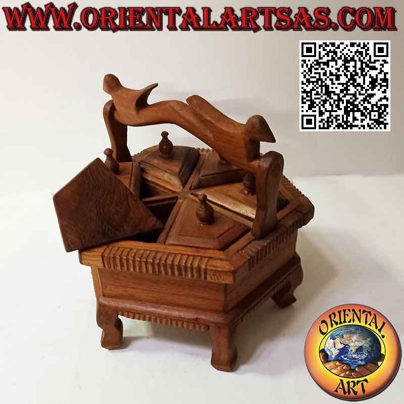 Portagioie esagonale a sei scomparti con manico in legno di teak (fatto a mano)