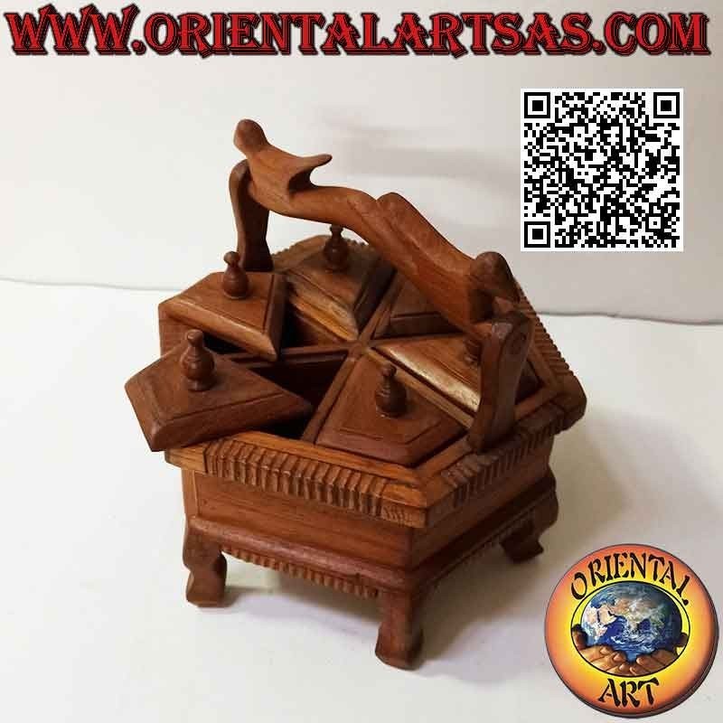 Hexagonal jewelry box with six compartments with teak wood handle (handmade)