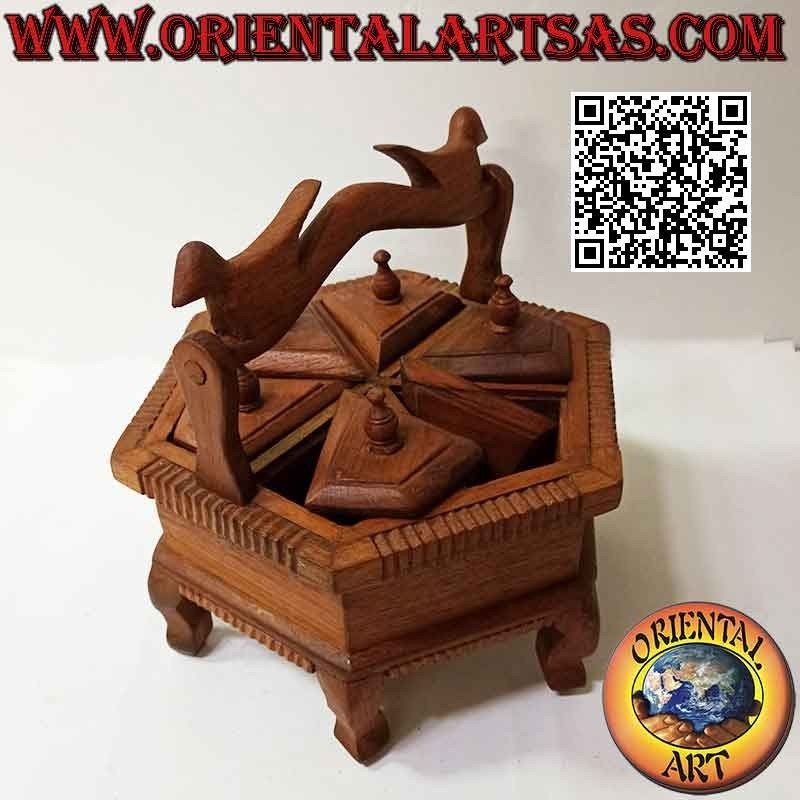 Hexagonal jewelry box with six compartments with teak wood handle (handmade)