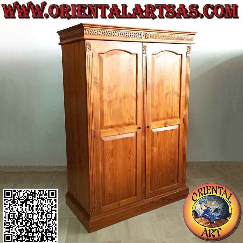 Grande armoire à décor floral avec 2 portes, 6 étagères et 3 tiroirs en bois de teck