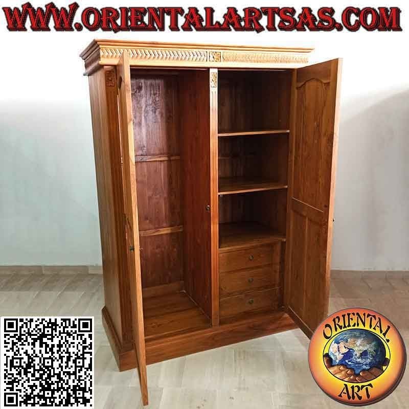 Armadio grande con decoro floreale a 2 ante, 6 ripiani e 3 cassetti in legno di teak