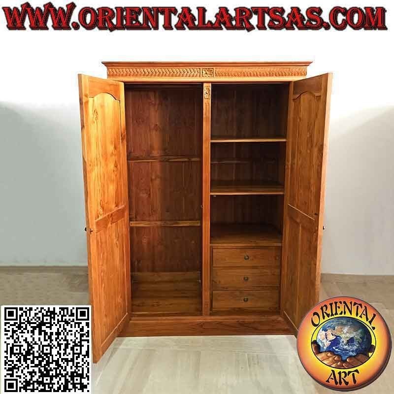 Armario grande con decoración floral de 2 puertas, 6 estantes y 3 cajones en madera de teca