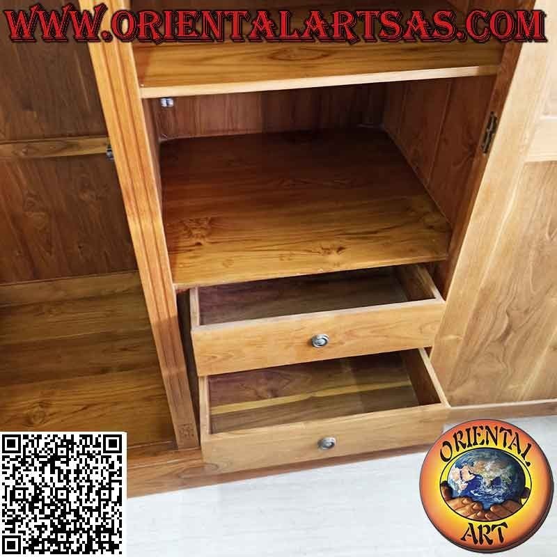 Large wardrobe with floral decoration with 2 doors, 6 shelves and 3 drawers in teak wood