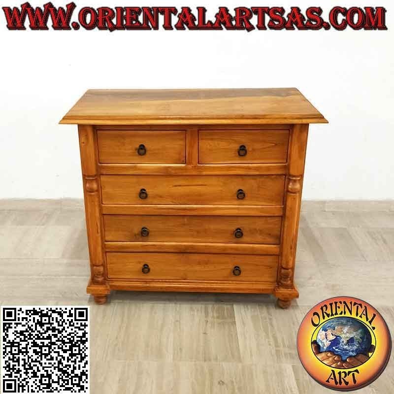 Comò con colonne decorative (quattro cassettoni e due cassetti) in legno di teak