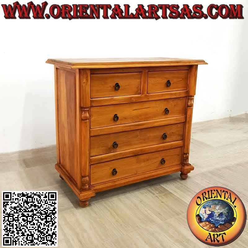 Chest of drawers with decorative columns (four large drawers and two drawers) in teak wood