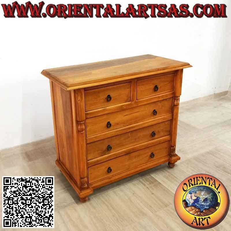 Comò con colonne decorative (quattro cassettoni e due cassetti) in legno di teak