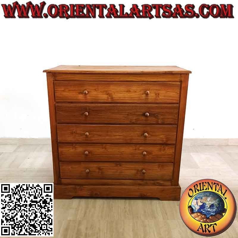 Cómoda lineal rectangular con cinco cajones en madera de teca