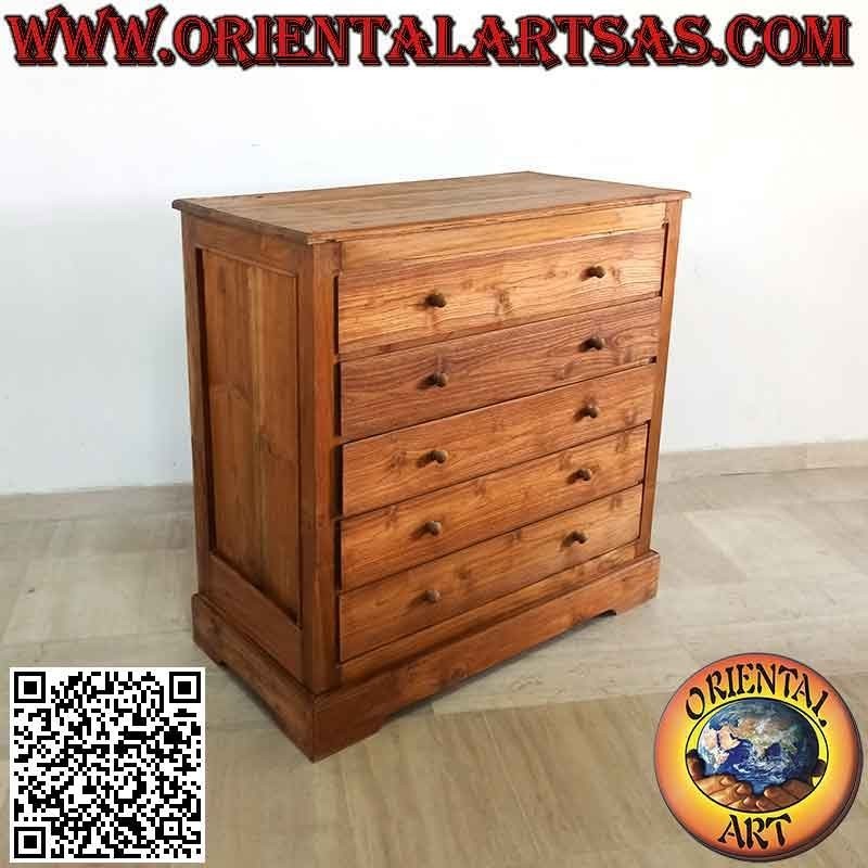 Cómoda lineal rectangular con cinco cajones en madera de teca