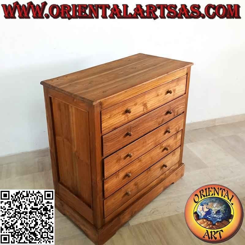 Rectangular linear dresser with five drawers in teak wood