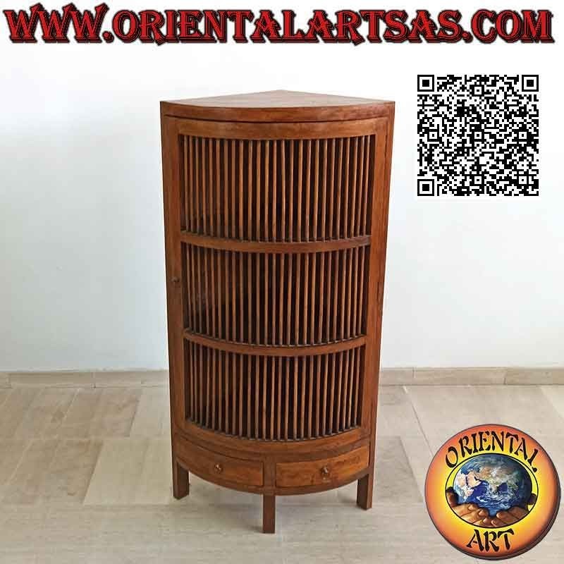 Cake slice corner wardrobe with one door with three shelves and two drawers in teak wood