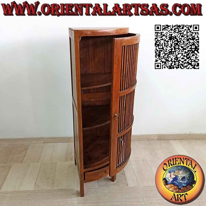 Cake slice corner wardrobe with one door with three shelves and two drawers in teak wood