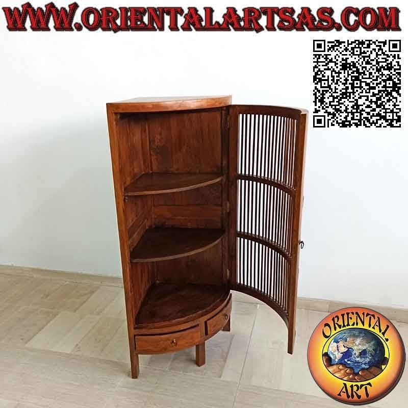 Cake slice corner wardrobe with one door with three shelves and two drawers in teak wood