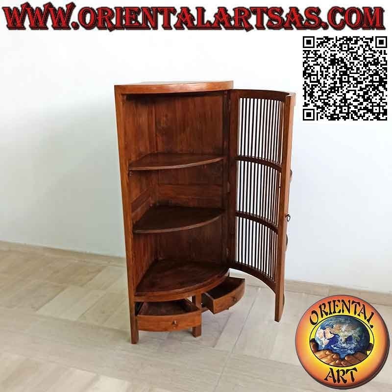 Cake slice corner wardrobe with one door with three shelves and two drawers in teak wood