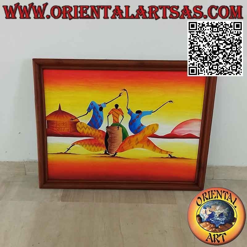 Tableau peint à la main sur bois dans le style saharien, "Musiciens et danseurs" (b)