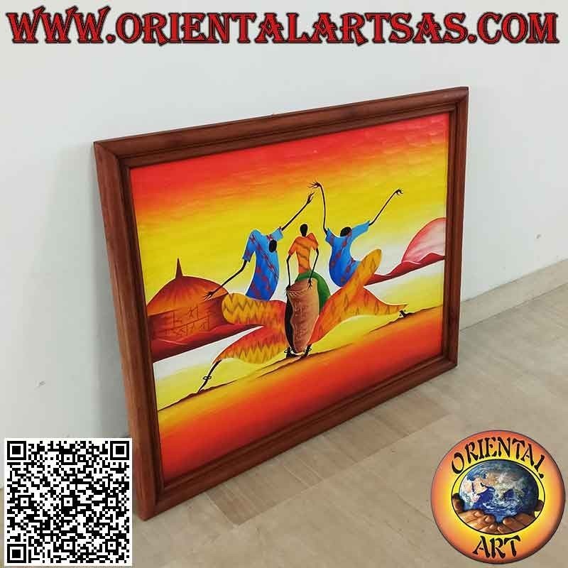 Cuadro pintado a mano sobre madera estilo Sahara, "Músicos y Bailarines" (b)