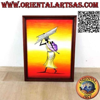 Cuadro pintado a mano sobre madera estilo Sahara, "mujer campesina con niño"