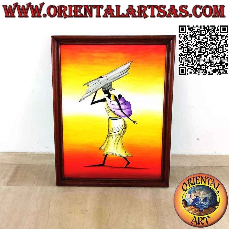 Cuadro pintado a mano sobre madera estilo Sahara, "mujer campesina con niño"