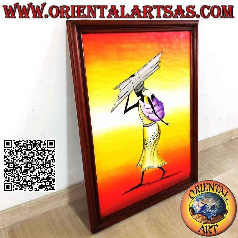 Quadro dipinto a mano su legno in stile Sahara, "donna agricoltore con bambino"