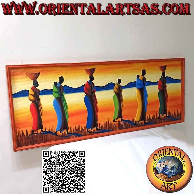 Cuadro pintado a mano sobre madera estilo Sahara, "Mujeres y madres caminantes en las dunas"