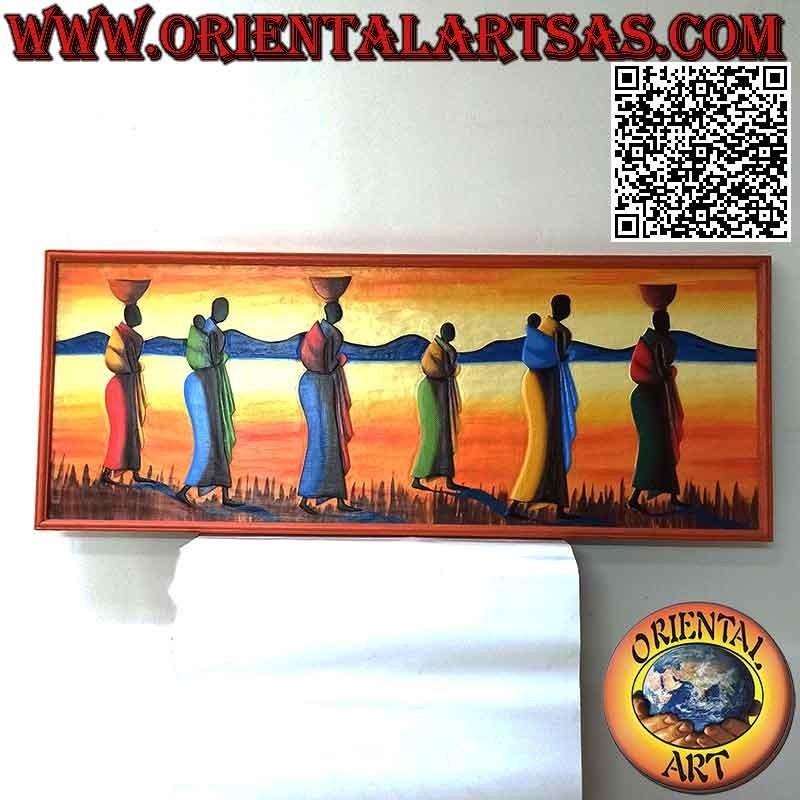 Hand painted picture on wood in Sahara style, "Women and mothers wayfarers in the dunes"