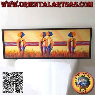 Quadro dipinto a mano su legno in stile Sahara, "Donne e madri viandanti tra le dune" cornice nera