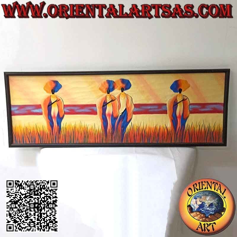 Cuadro pintado a mano sobre madera estilo Sahara, "Mujeres y madres caminantes en las dunas" marco negro