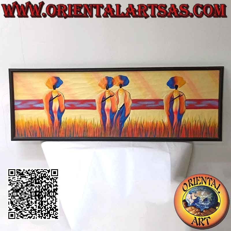 Cuadro pintado a mano sobre madera estilo Sahara, "Mujeres y madres caminantes en las dunas" marco negro