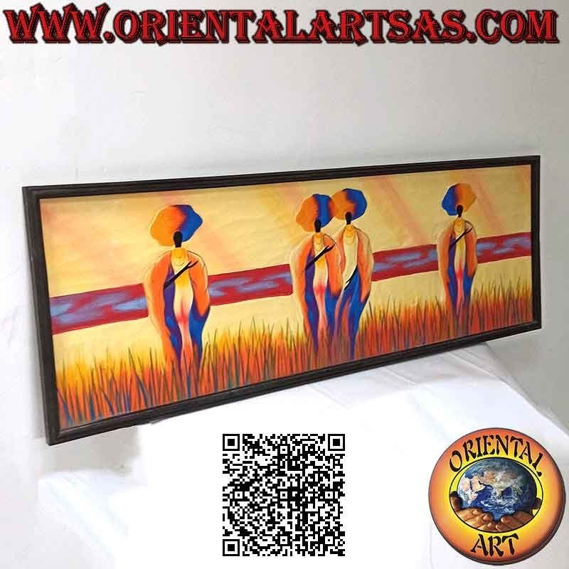 Hand painted picture on wood in Sahara style, "Women and mothers wayfarers in the dunes" black frame