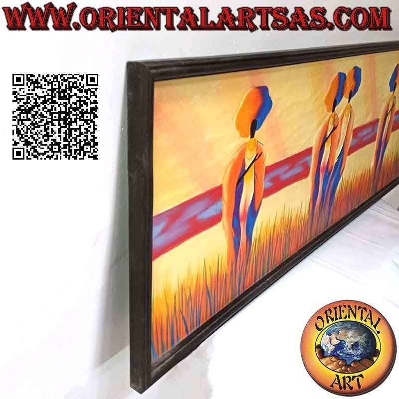 Cuadro pintado a mano sobre madera estilo Sahara, "Mujeres y madres caminantes en las dunas" marco negro