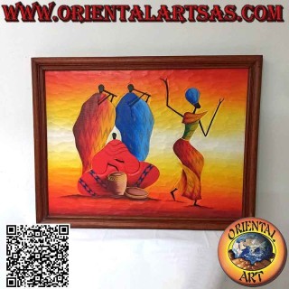 Hand painted picture on wood in Sahara style, "Musical group with dancer"