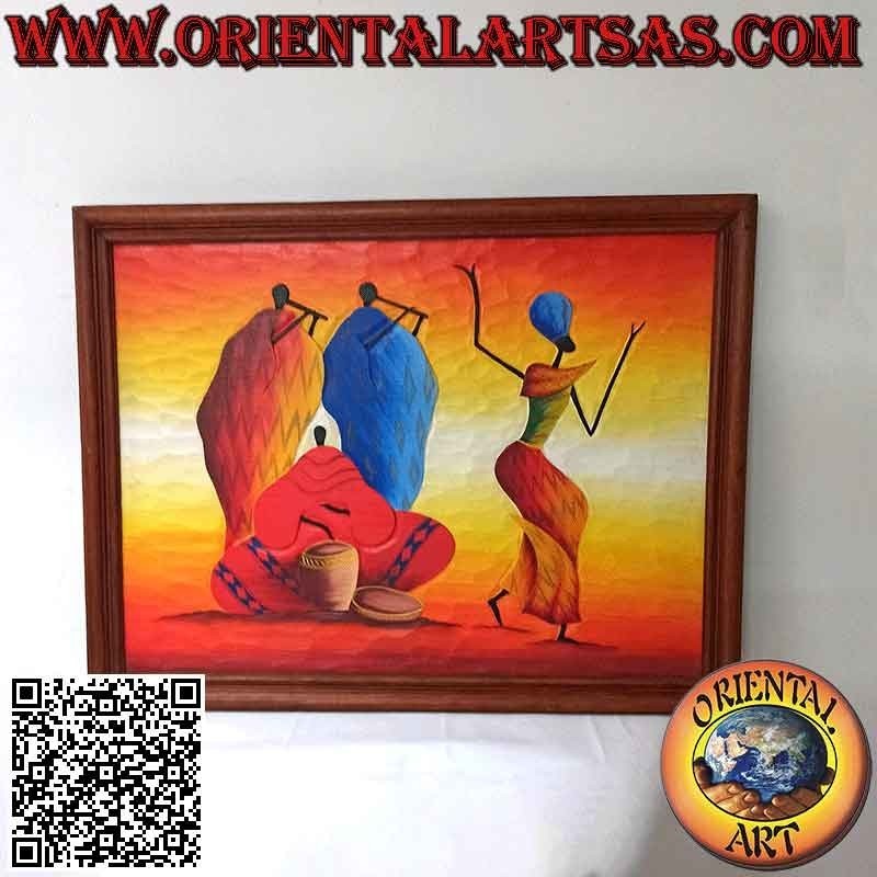 Tableau peint à la main sur bois dans le style saharien, "Groupe musical avec danseuse"