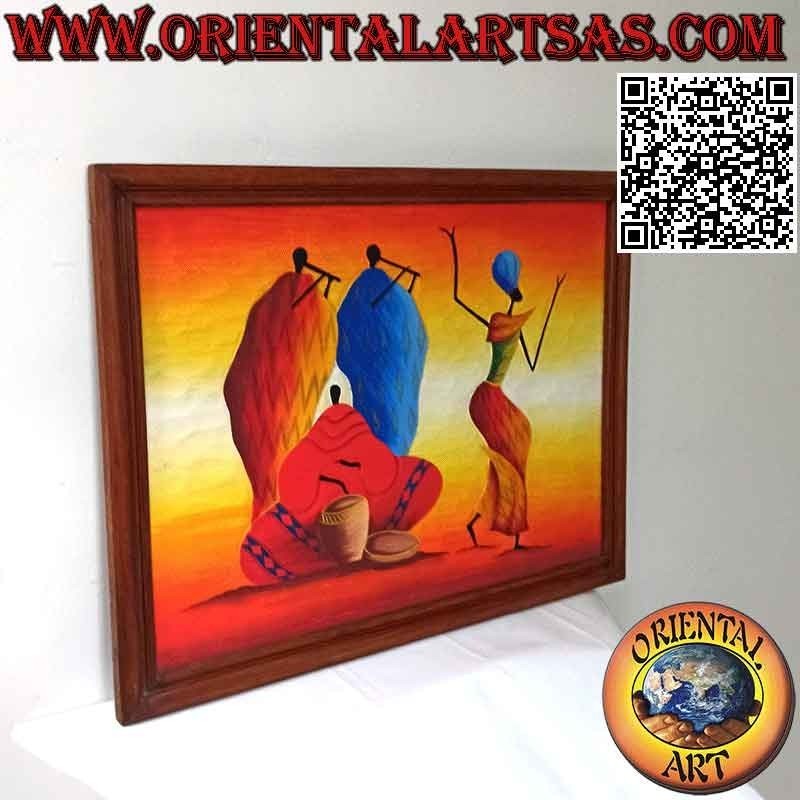 Handgemaltes Bild auf Holz im Sahara-Stil, "Musikgruppe mit Tänzerin"