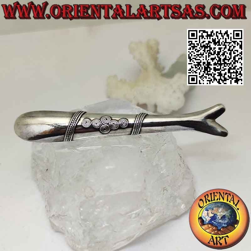 Brosche aus 925 ‰ Silber glatter Fisch mit Spiralen in der Mitte im Relief