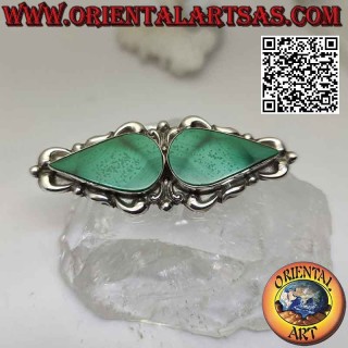 Spilla in argento 925 ‰ gocce di malachite a specchio su montatura a decorazione barocca