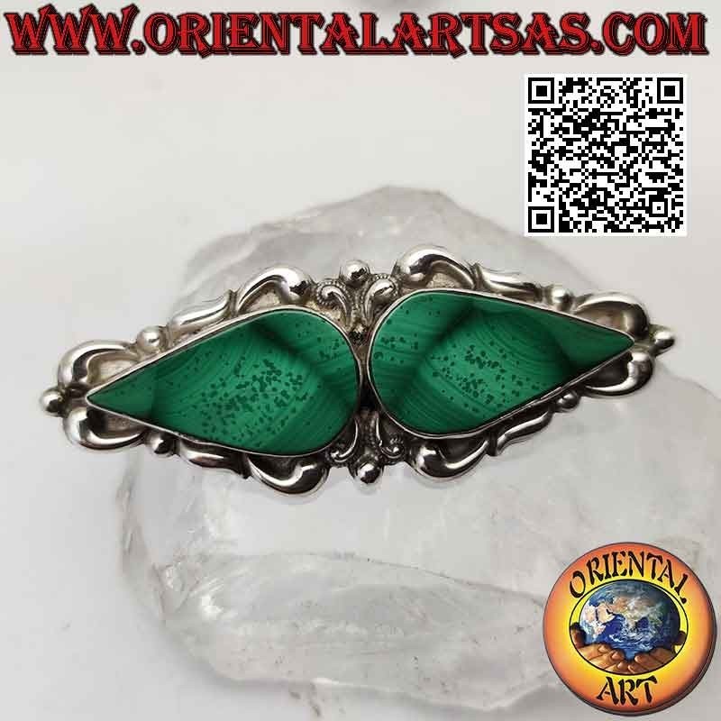 Spilla in argento 925 ‰ gocce di malachite a specchio su montatura a decorazione barocca
